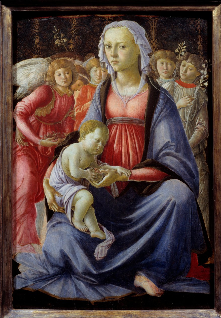 Virgem e Criança rodeadas por cinco anjos Pintura de Alessandro di Mariano dei Filipepi dit Sandro Botticelli (1445-1510) Sol do século XV. 0,58x0,4 m de Sandro Botticelli