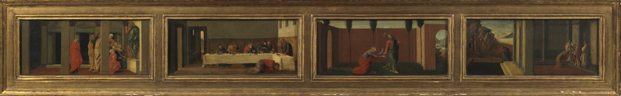 Cenas da vida de Maria Madalena (quatro painéis de predella - a. Ensino de Cristo; b. Festa na casa de Simão; c. Noli me Tangere; d. Últimos momentos da Madalena) de Sandro (after) Botticelli
