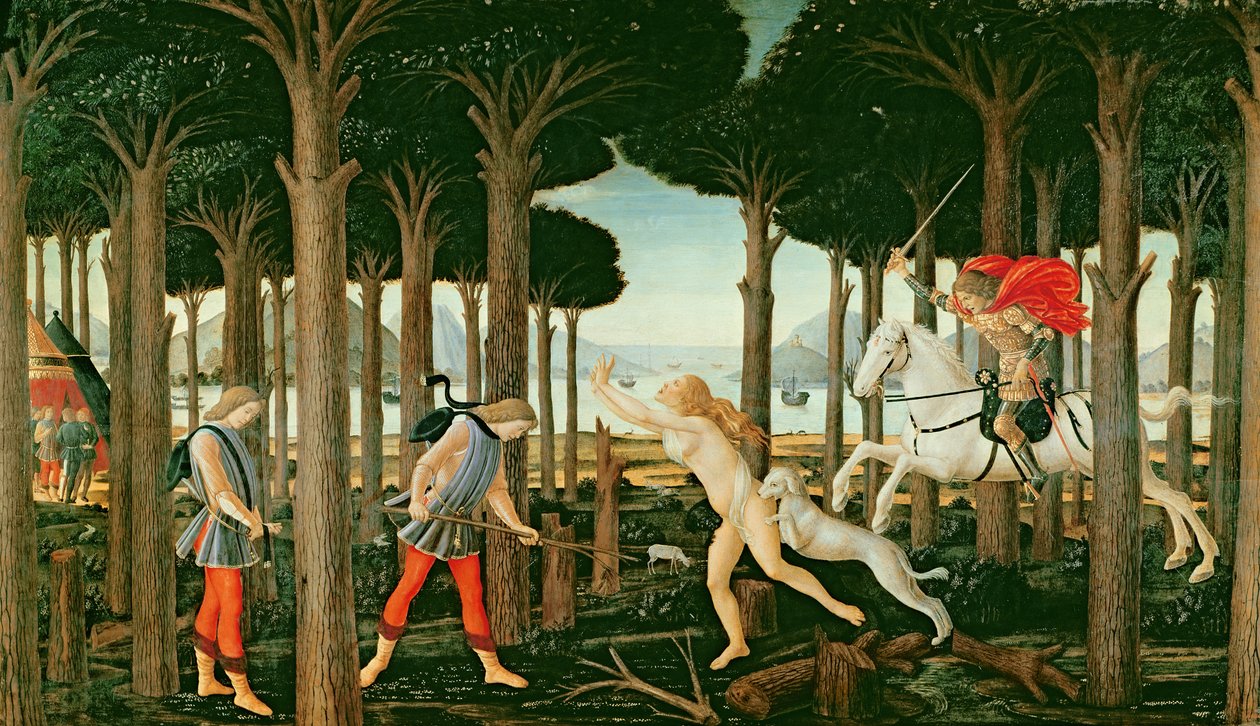 Visão de Nastagio da perseguição fantasmagórica na floresta: cena I de A história de Nastagio degli Onesti, c.1483 (tempera no painel) de Sandro (and workshop) Botticelli