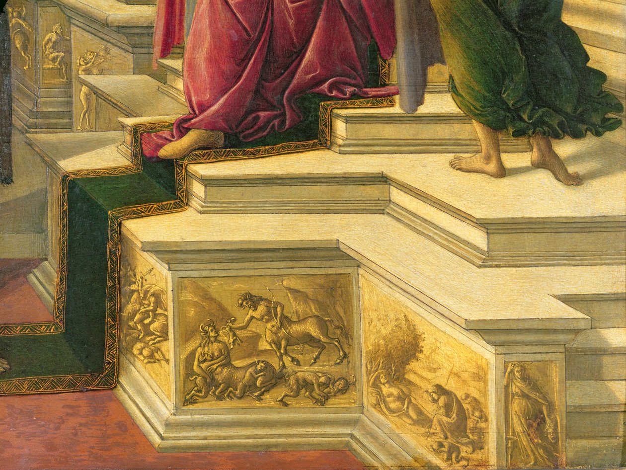 Calumny de Apelles: detalhe mostrando parte da decoração decorada com frisos esculpidos simulados representando temas clássicos, detalhe do painel 1497-98 de 31582 de Sandro Botticelli