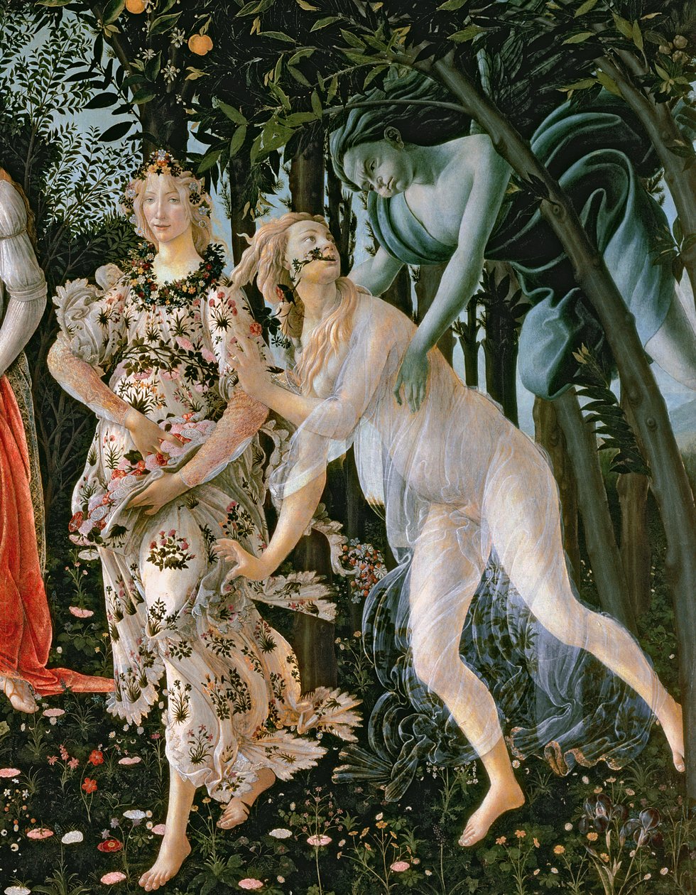 Detalhe de Zéfiro e Flora como a Hora da Primavera, da tempera Primavera no detalhe do painel de 558 de Sandro Botticelli