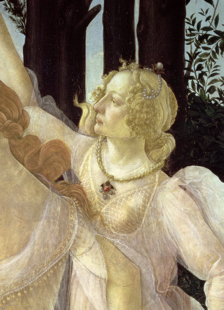 Detalhe de uma das Três Graças, da Primavera tempera no detalhe do painel de 558 de Sandro Botticelli