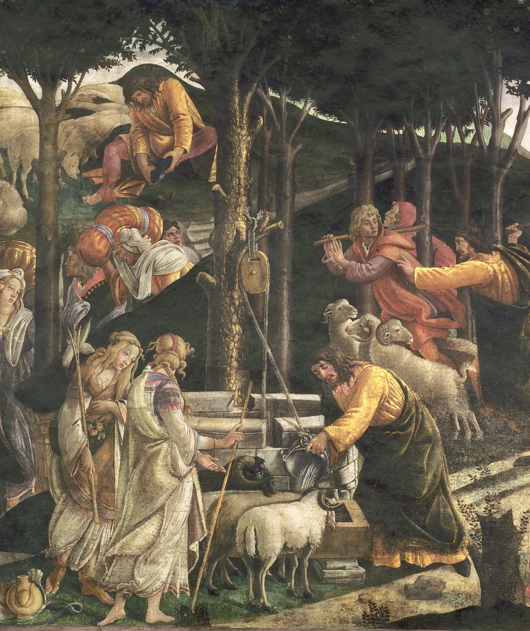 Detalhe da Juventude de Moisés, na Capela Sistina, 1481 afresco ver também 80051 de Sandro Botticelli