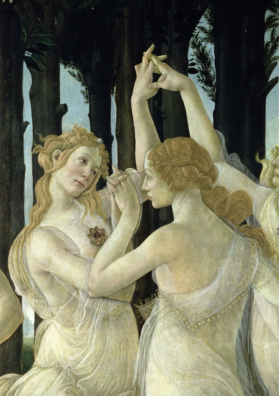 Detalhe de duas das Três Graças, da Primavera tempera no detalhe do painel de 558 de Sandro Botticelli