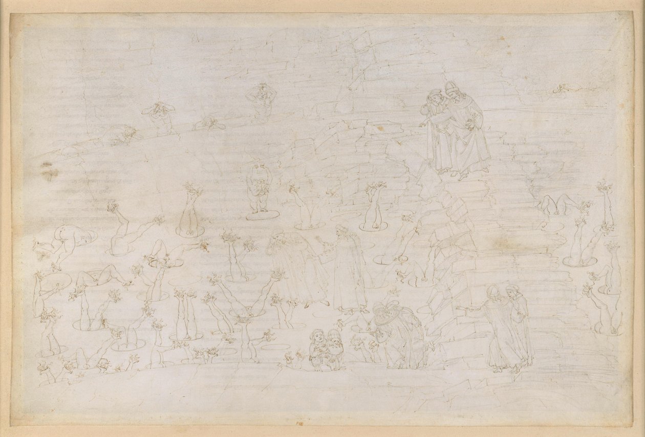 A Divina Comédia, Inferno XIX. Virgílio e Dante no oitavo círculo do Inferno (Malebolge), 3.ª Bolgia: os corruptos que ocupavam cargos eclesiásticos, castigo dos simonistas de Sandro Botticelli