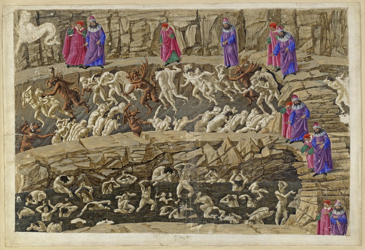 A Divina Comédia, Inferno XVIII. Virgílio e Dante no oitavo círculo do Inferno (Malebolge), 1.ª e 2.ª Bolgia: castigo dos alcoviteiros e sedutores, dos bajuladores e das prostitutas de Sandro Botticelli