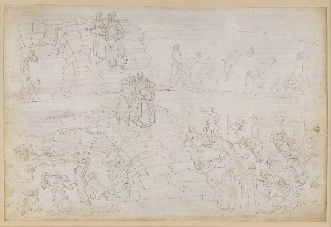 A Divina Comédia, Inferno XXIX. Virgílio e Dante no oitavo círculo do Inferno (Malebolge), 10.ª Bolgia: Castigo dos falsificadores e dos alquimistas de Sandro Botticelli