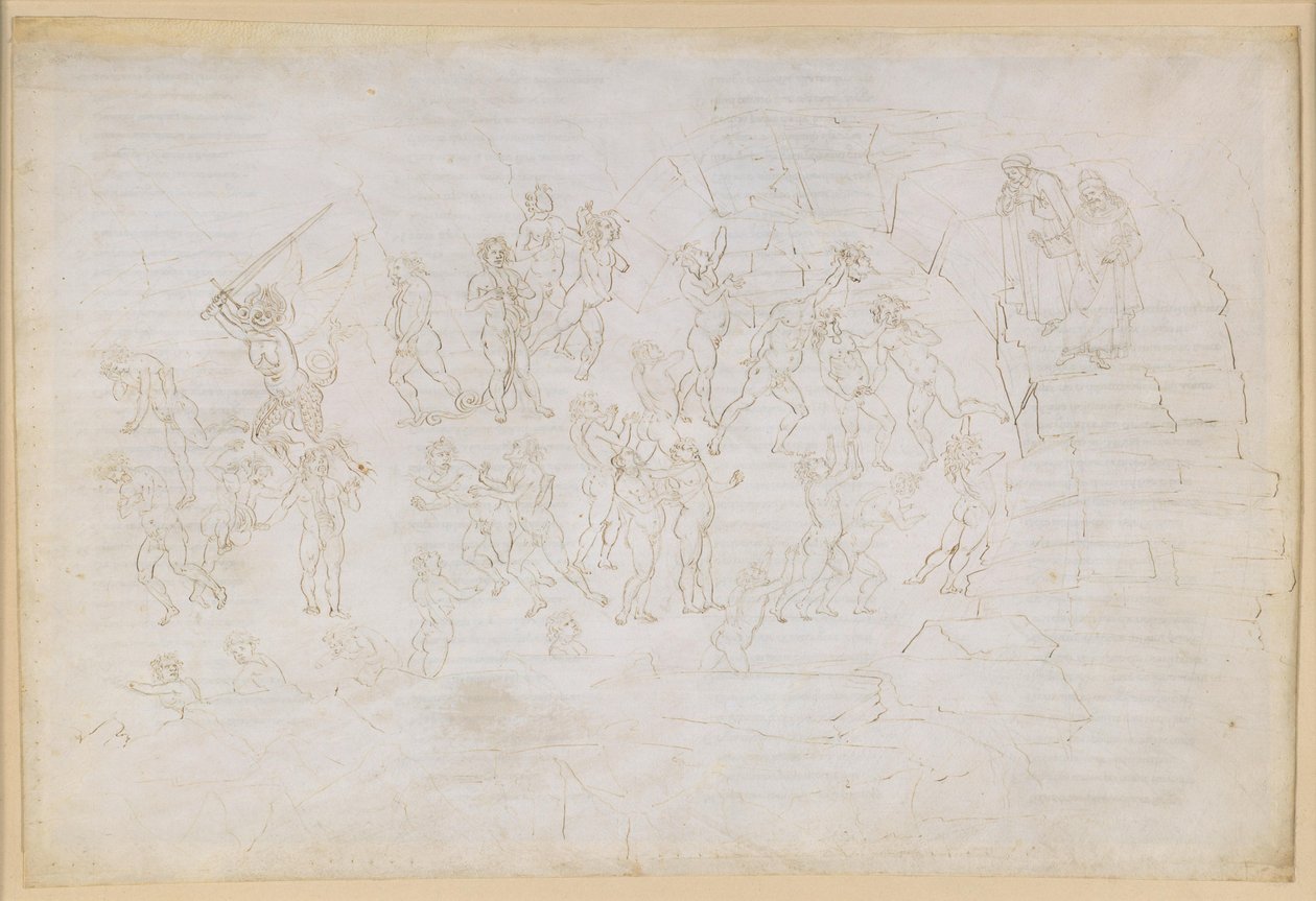 A Divina Comédia, Inferno XXVIII. Virgílio e Dante no oitavo círculo do Inferno (Malebolge), 9.ª Bolgia: castigo dos hereges e dos semeadores de discórdia; encontro com Maomé e Bertran de Born de Sandro Botticelli