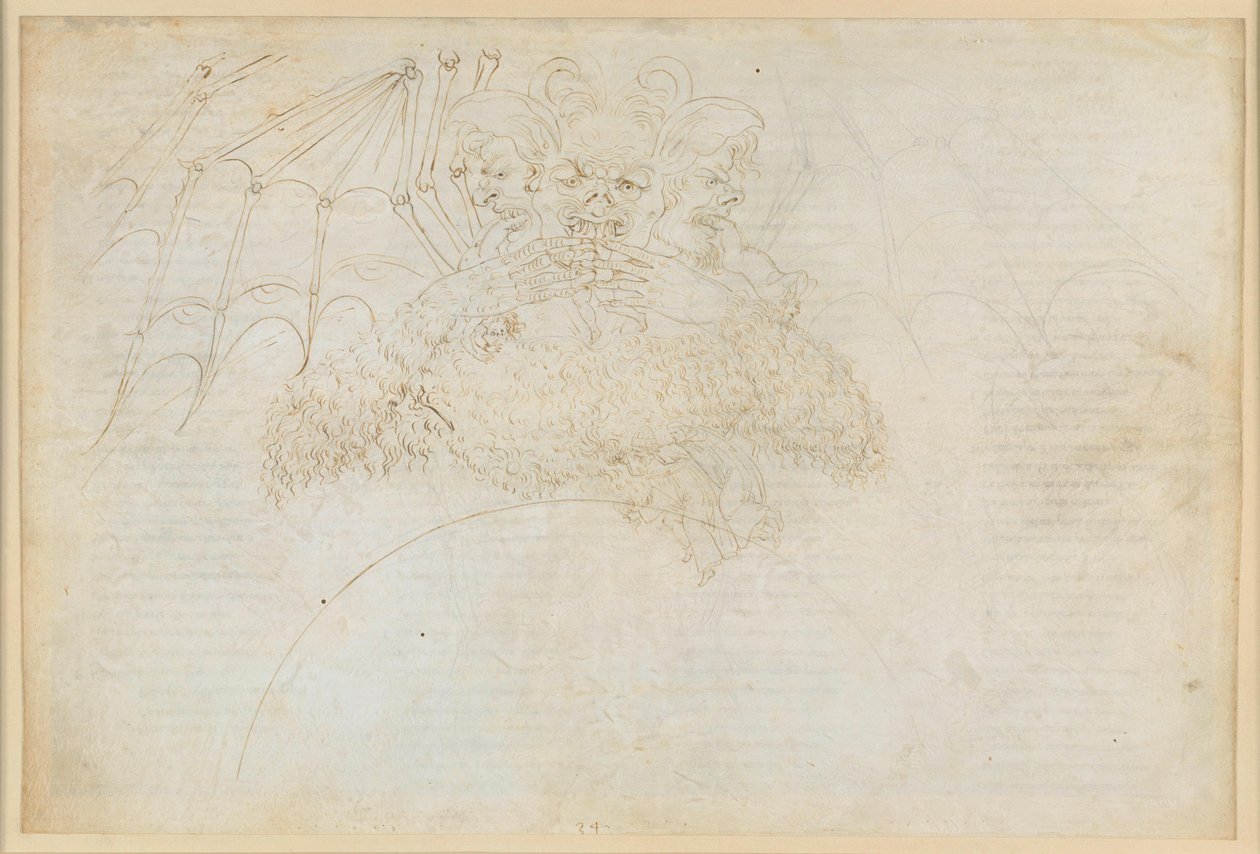 A Divina Comédia, Inferno XXXIV (1): O centro do Inferno: Lúcifer no gelo da Giudecca, esmagando Judas, Bruto e Cássio de Sandro Botticelli