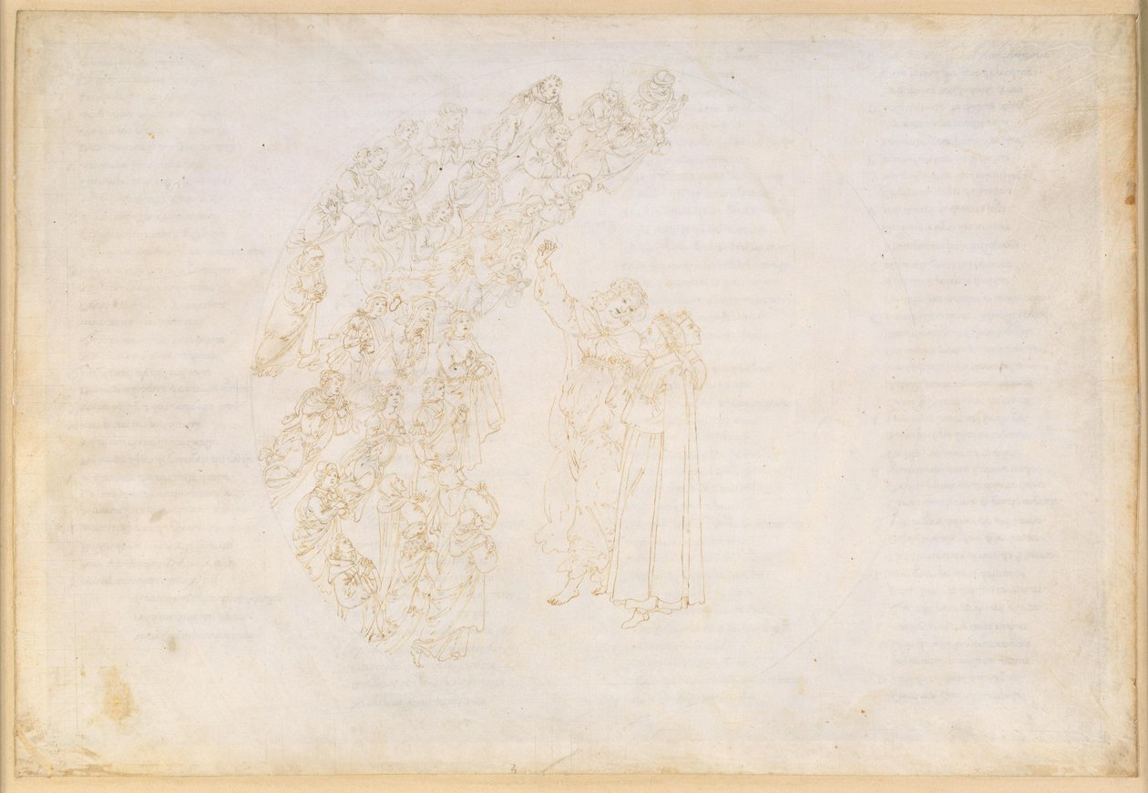A Divina Comédia, Paraíso III. Primeira esfera planetária (céu lunar): aparição das almas que outrora foram impedidas de cumprir um voto; conversa de Dante com Piccarda Donati de Sandro Botticelli