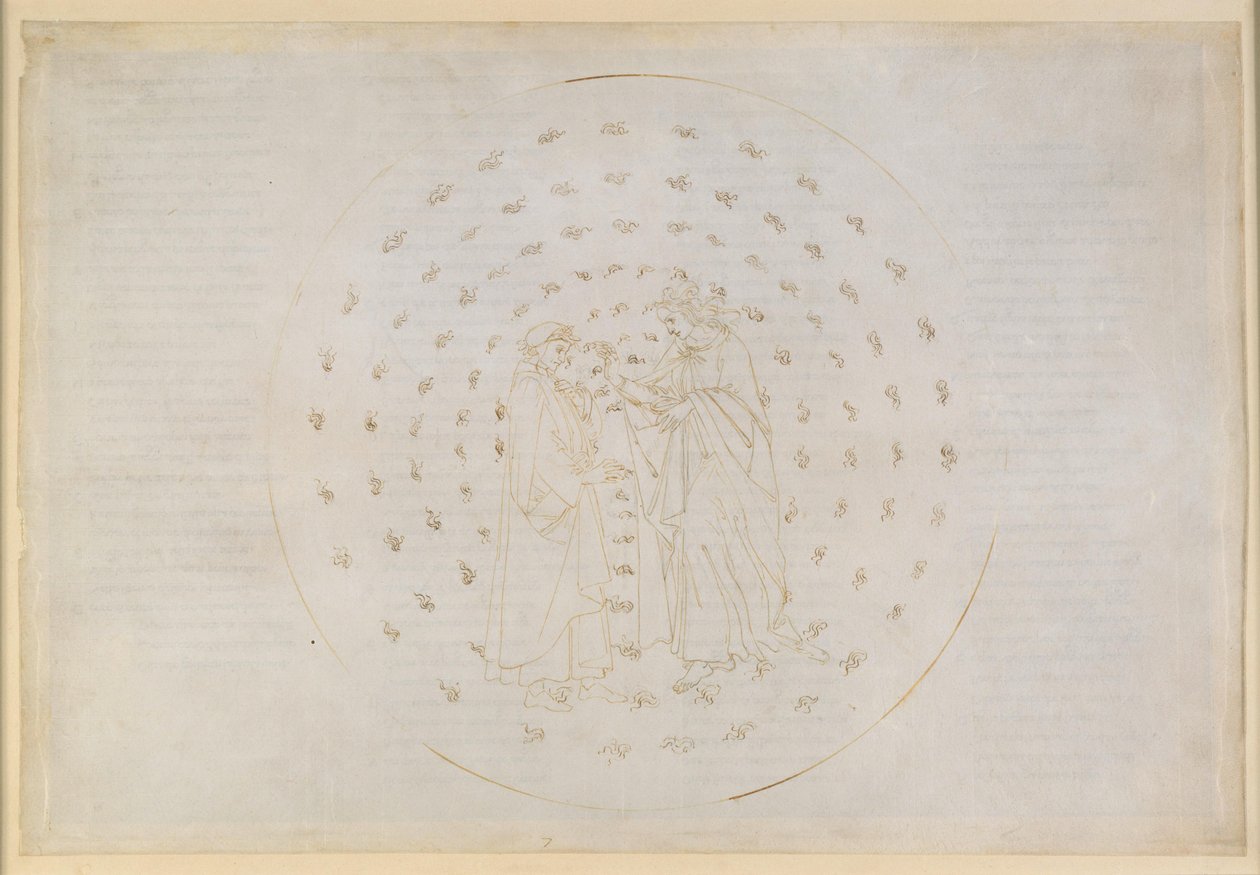 A Divina Comédia, Paraíso VII. Segunda esfera planetária (Céu de Mercúrio): Beatriz introduz Dante às complexas questões da justiça divina, bem como da culpa original do ser humano e da redenção através da morte de Cristo de Sandro Botticelli