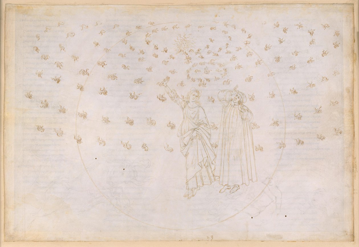 A Divina Comédia, Paraíso XXIII. Oitava Esfera (Céu das Estrelas Fixas): Visão do Triunfo de Cristo; Dante vê Beatriz na sua verdadeira forma; A dança de Maria e os doze apóstolos de Sandro Botticelli