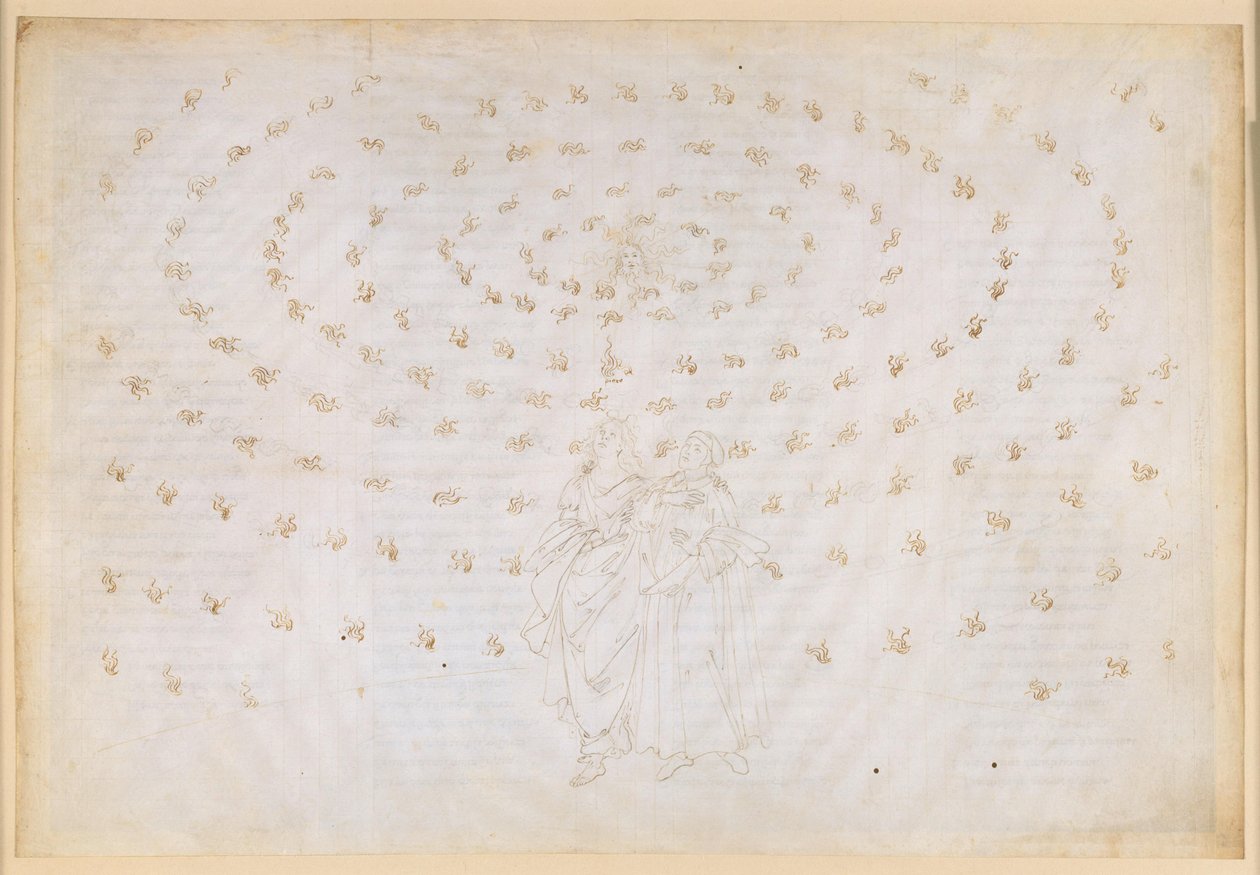 A Divina Comédia, Paraíso XXIV. Oitava Esfera (Céu das Estrelas Fixas): Beatriz pede a São Pedro que ponha à prova o seu discípulo na verdadeira fé, a primeira virtude teológica; a profissão de fé de Dante de Sandro Botticelli