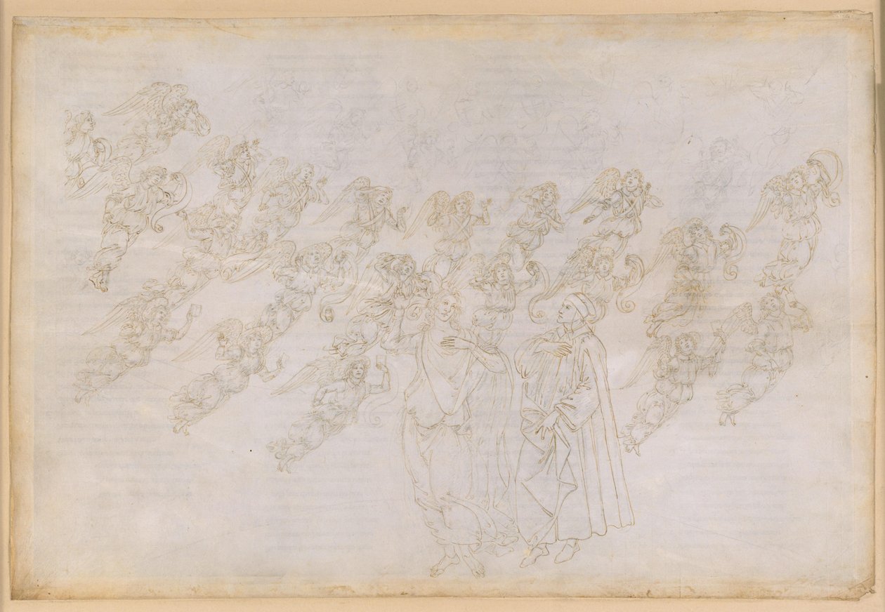 A Divina Comédia, Paraíso XXIX. Nona Esfera (Céu de Cristal ou Primum Mobile): Beatriz instrui Dante sobre a criação e a natureza dos anjos de Sandro Botticelli