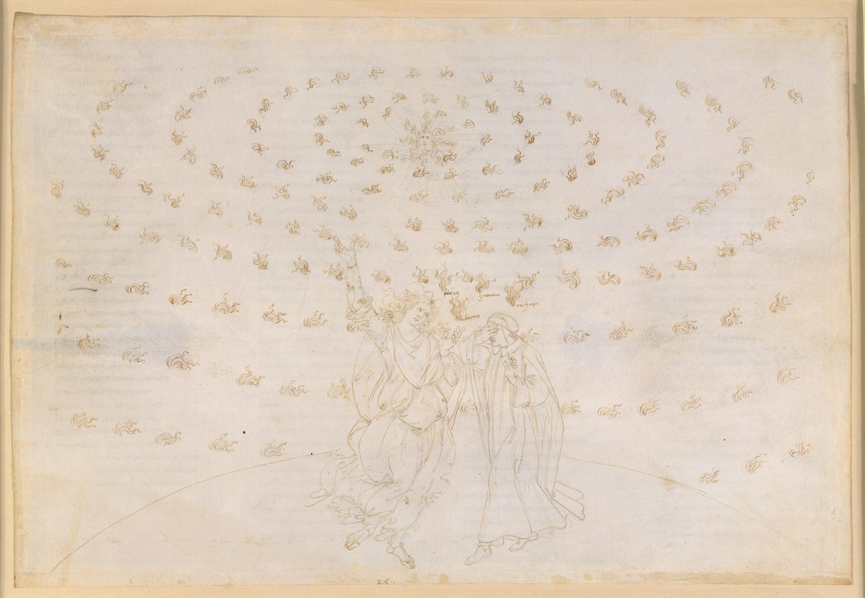 A Divina Comédia, Paraíso XXVI. Oitava Esfera (Céu das Estrelas Fixas): João questiona Dante sobre a terceira virtude teológica, o amor; Dante recupera a visão com maior intensidade; surge a luz de Adão de Sandro Botticelli