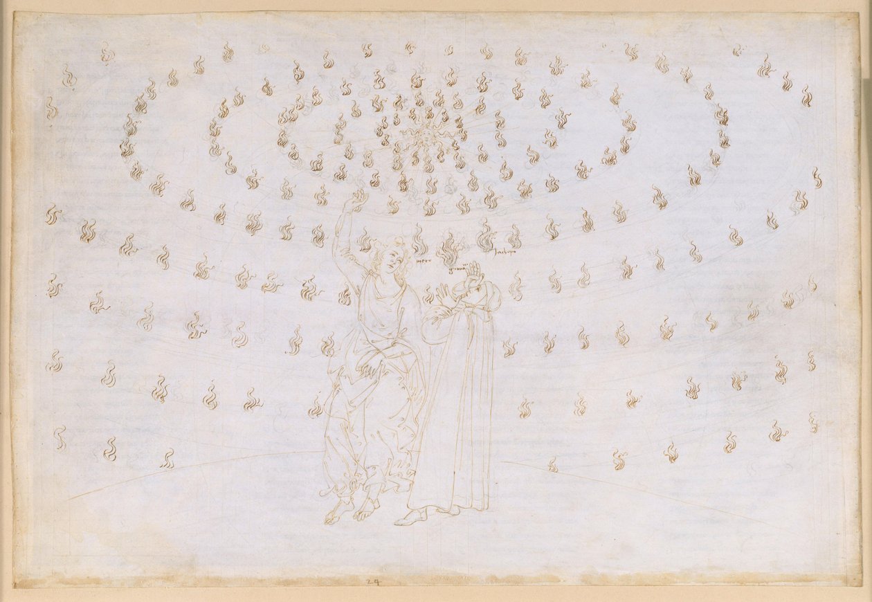 A Divina Comédia, Paraíso XXV. Oitava Esfera (Céu das Estrelas Fixas): Tiago põe Dante à prova na segunda virtude teológica, a esperança; aparição de João, o Evangelista, e o seu discurso sobre a natureza dos seres no Paraíso; ofuscamento de Dante de Sandro Botticelli