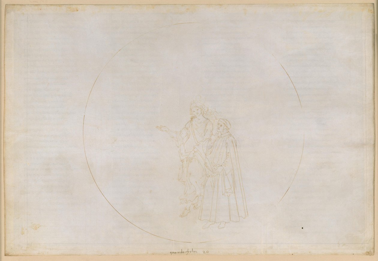 A Divina Comédia, Paraíso, Canto XX. Sexta esfera planetária (Céu de Júpiter): A Águia identifica as chamas que formam o seu olho, entre as quais se encontram dois pagãos, o que alimenta as dúvidas de Dante e acaba por as dissipar de Sandro Botticelli