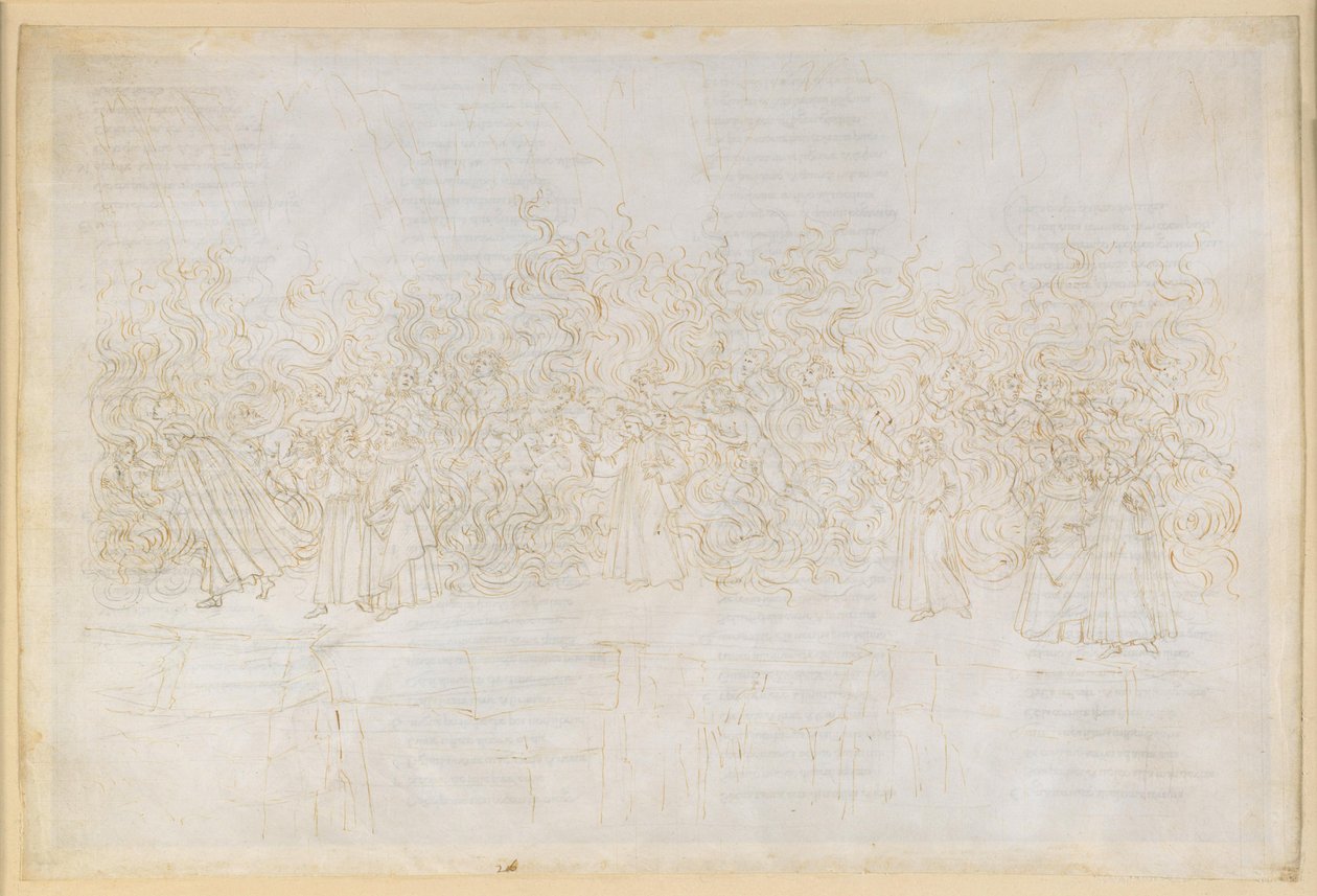 A Divina Comédia, Purgatório XXVI. Sétimo Anel do Purgatório: a penitência dos luxuriosos; conversa de Dante com Guido Guinizelli de Sandro Botticelli