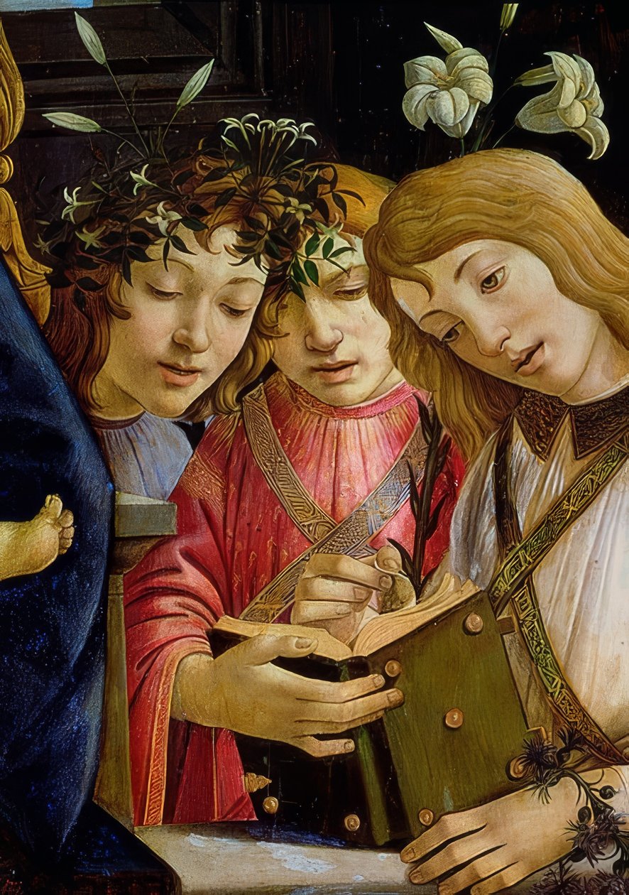 Maria com a criança, João Batista e anjos. Detalhe. Por volta de 1490 de Sandro Botticelli