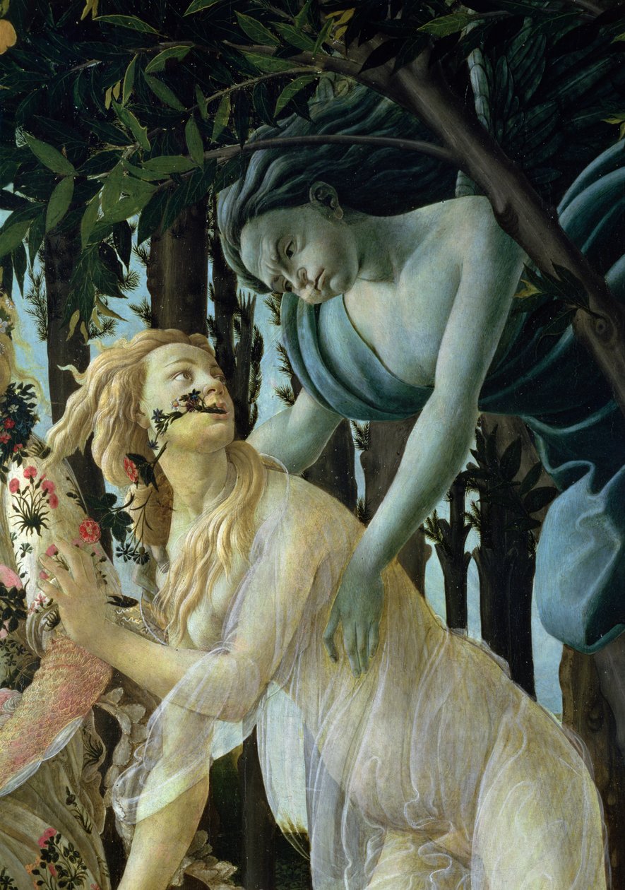 Primavera: Detalhe da Zephyr e Flora tempera no painel de Sandro Botticelli
