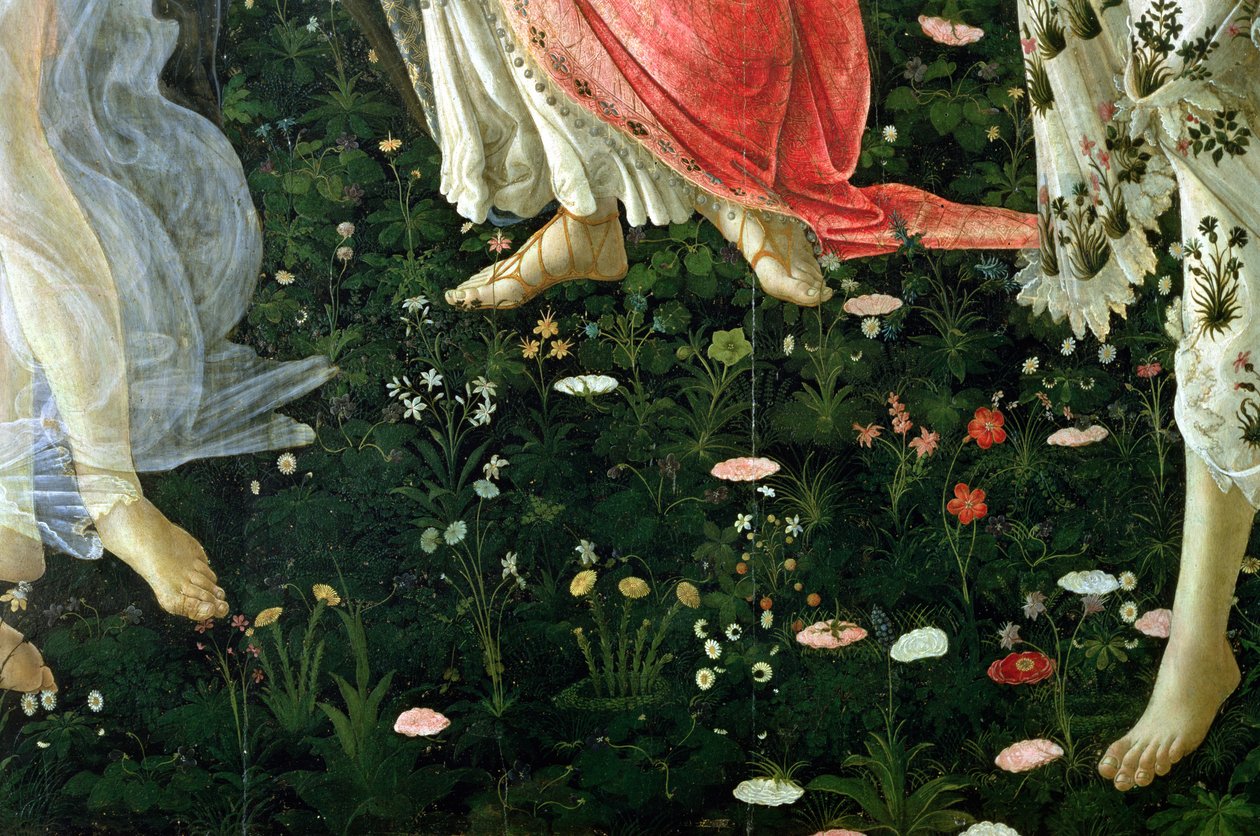 Primavera: detalhe de têmpera de flores no painel de Sandro Botticelli