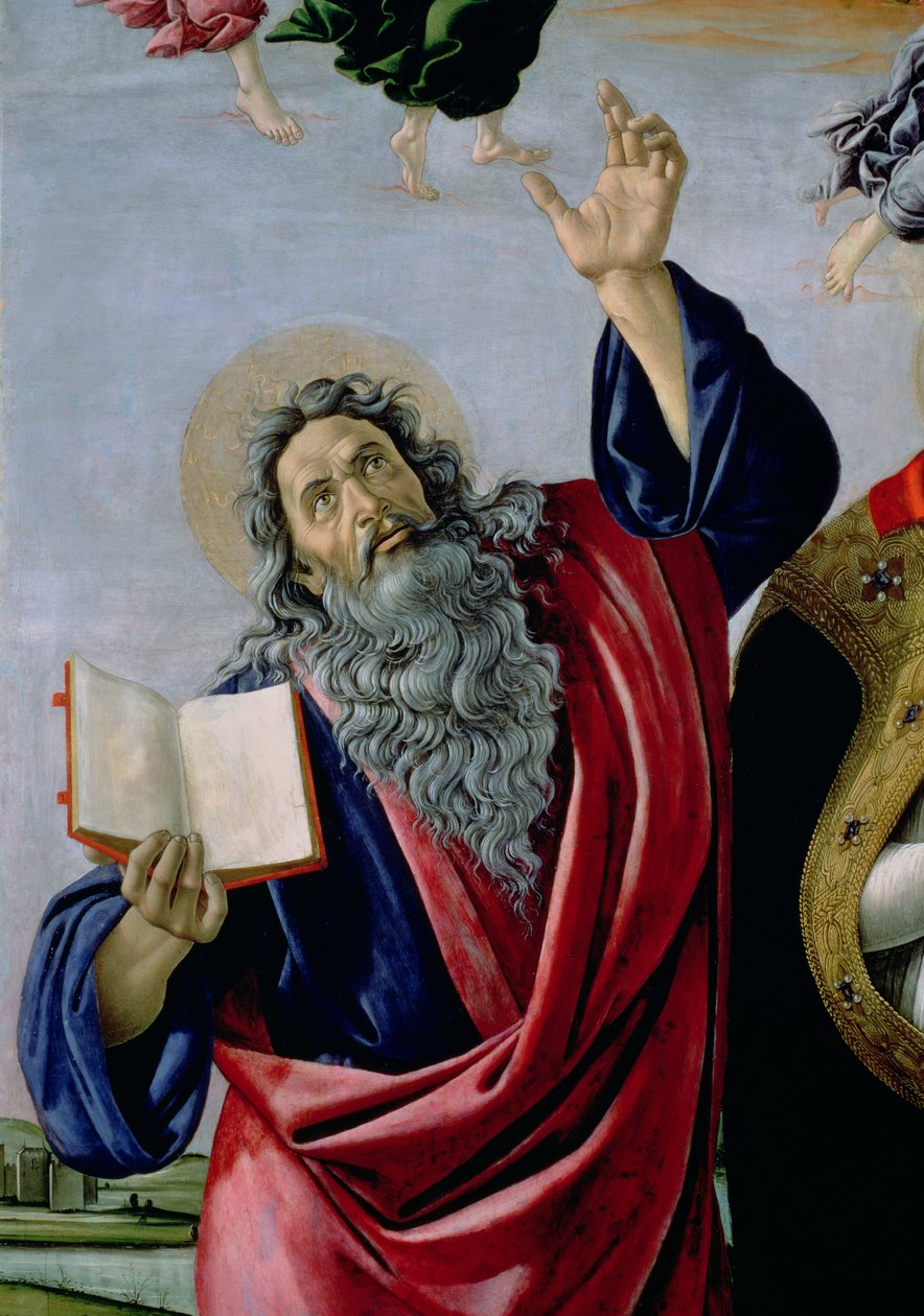 São João Evangelista, da Coroação da Virgem Retábulo de São Marcos, c.1488-90 têmpera sobre detalhe do painel de 44363 de Sandro Botticelli