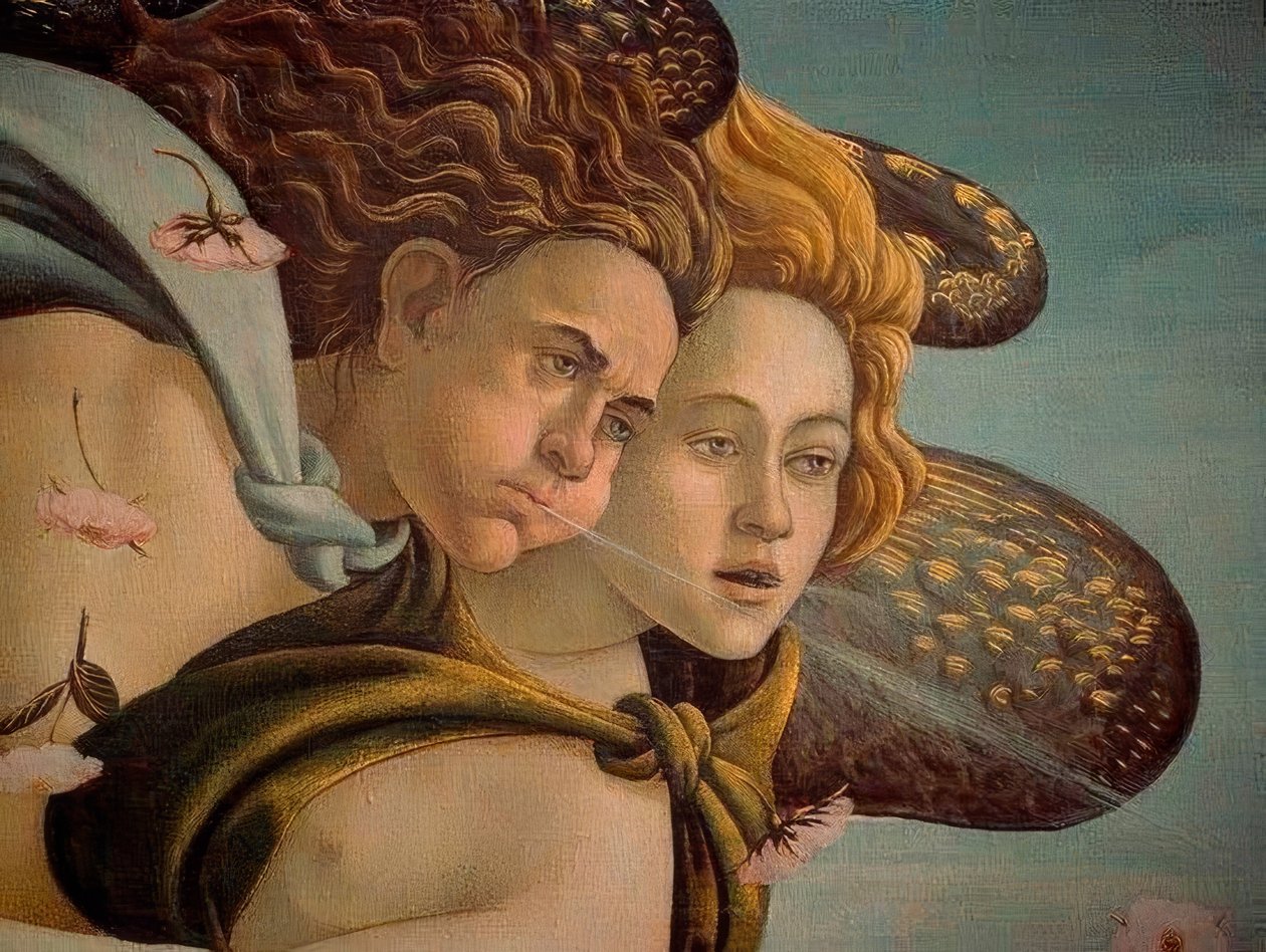 O nascimento de Vênus, detalhe das duas brisas, 1478, Óleo sobre tela de Sandro Botticelli