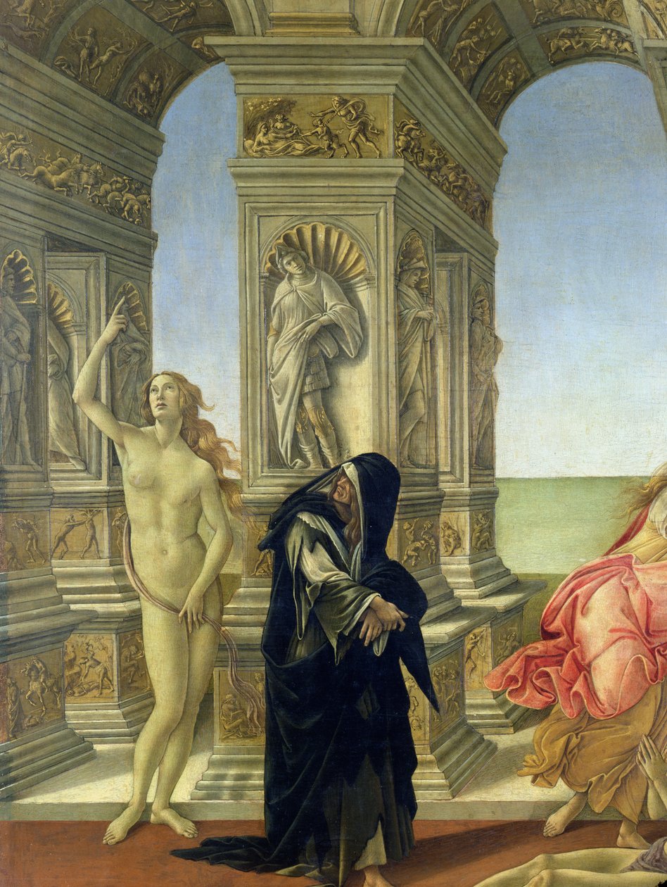 A Calumny de Apelles; detalhe mostrando a figura nua da Verdade apontando para o céu e Penitência vestida em um hábito dominicano esfarrapado, detalhe 1497-98 de 31582 de Sandro Botticelli