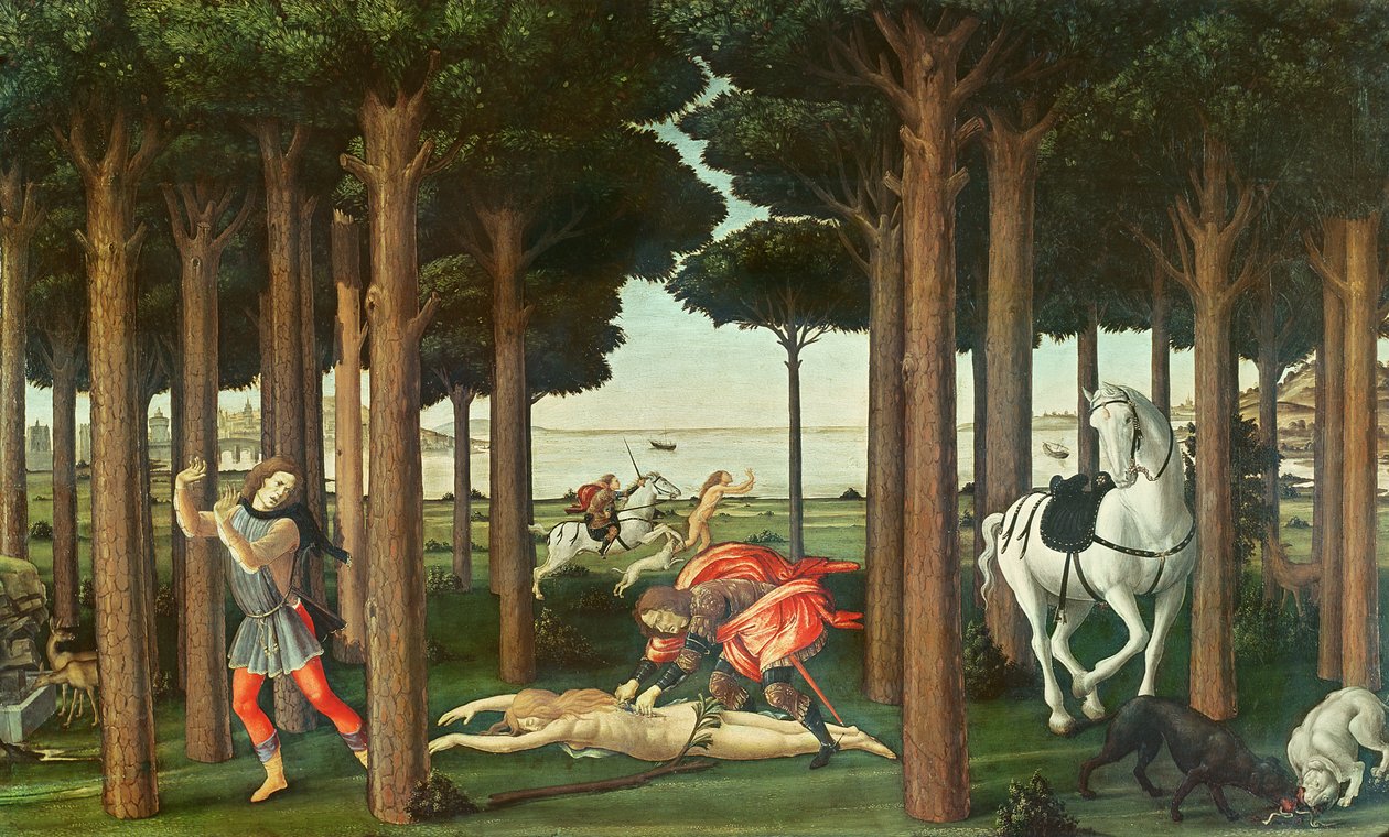 O Desapontamento da Mulher Perseguido: Cena II da História de Nastagio degli Onesti, c.1483 (têmpera no painel) de Sandro Botticelli