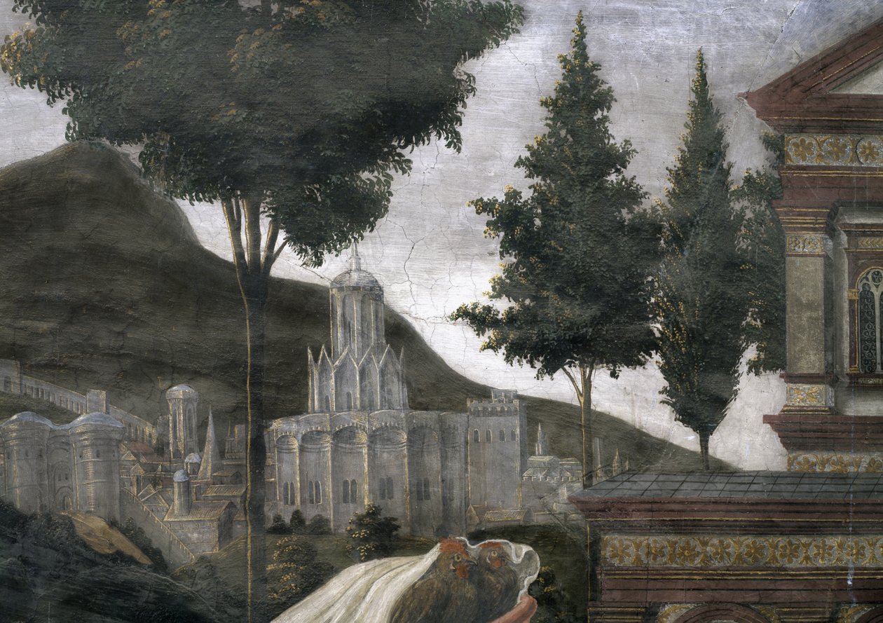 A Purificação do Leproso e a Tentação de Cristo, na Capela Sistina: detalhe de uma cidade imaginária em uma paisagem, 1481 afrescos de Sandro Botticelli