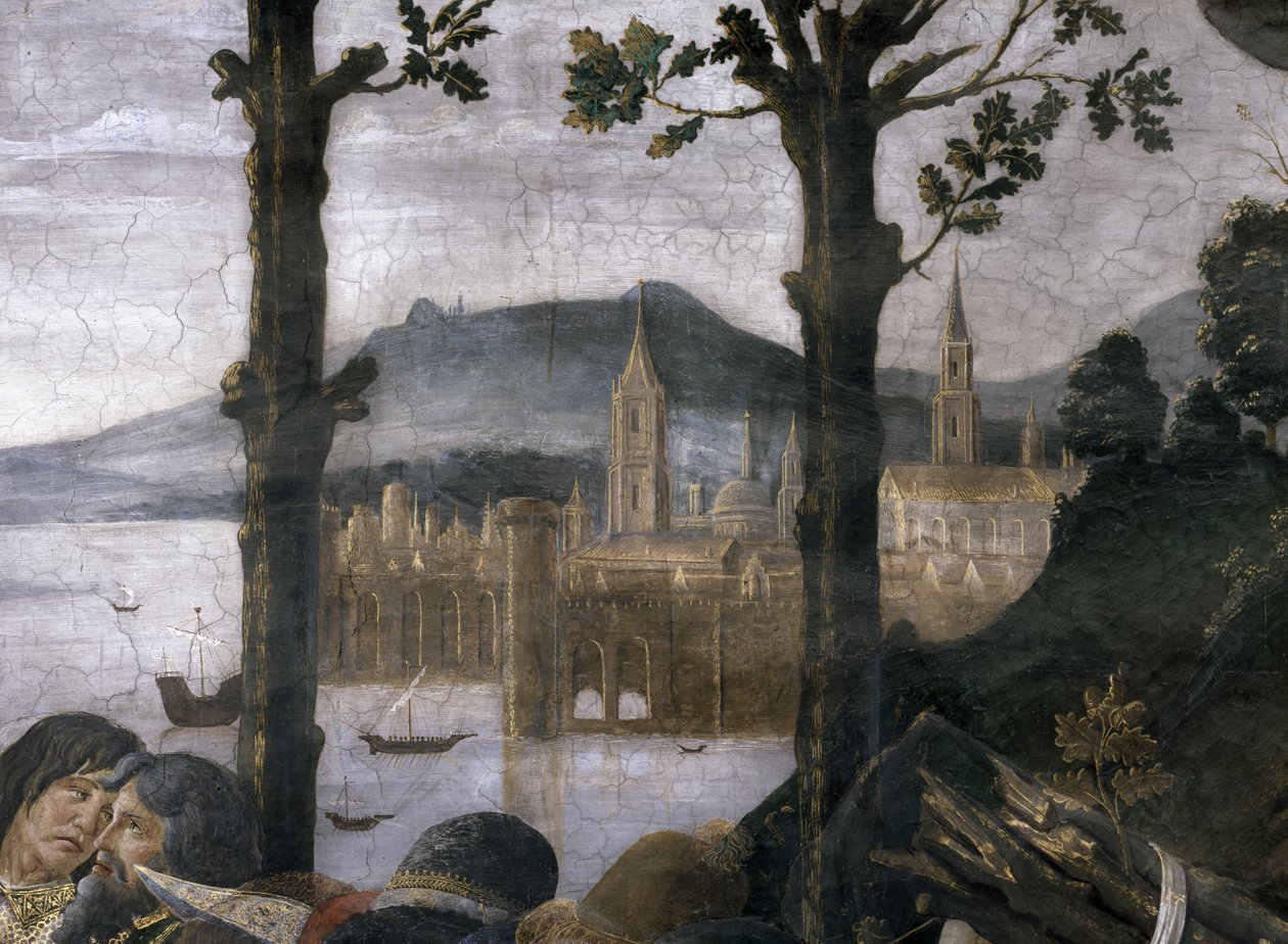 A Purificação do Leproso e a Tentação de Cristo, na Capela Sistina: detalhe de uma cidade portuária imaginária em uma paisagem, 1481 afrescos de Sandro Botticelli