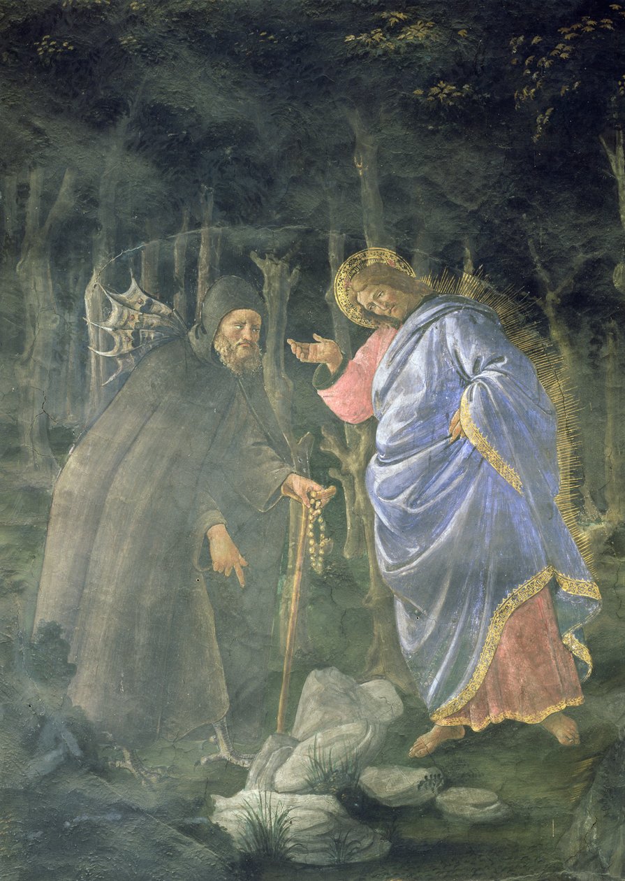 A Purificação do Leproso e a Tentação de Cristo, na Capela Sistina: detalhe do diabo desafiando Jesus a transformar pedras em pão, 1481 afrescos de Sandro Botticelli