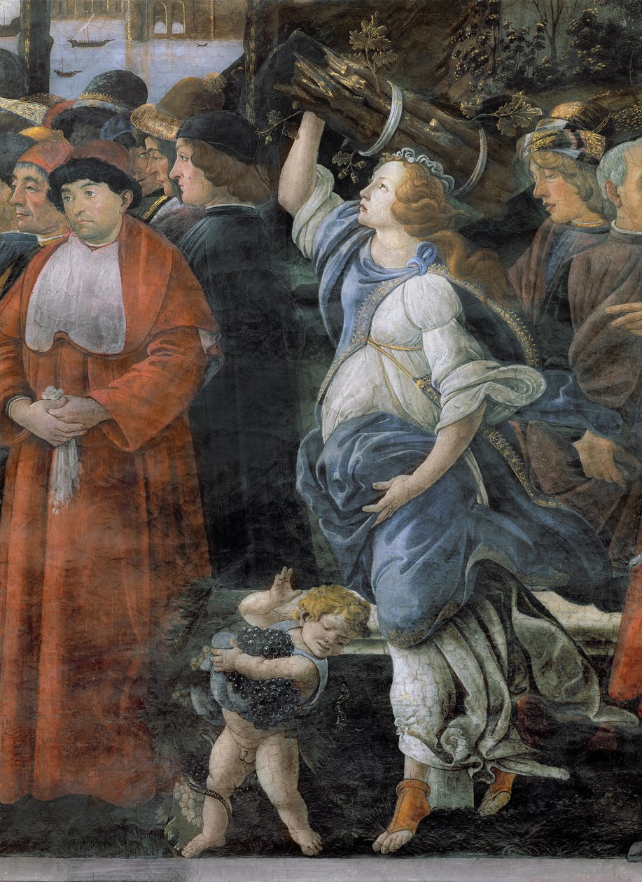 A Purificação do Leproso e a Tentação de Cristo, na Capela Sistina: detalhe da mulher carregando lenha e menino carregando uvas, 1481 afresco de Sandro Botticelli