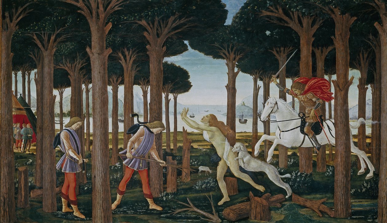 A história de Nastagio degli Onesti Primeiro episódio, ca 1483 de Sandro Botticelli
