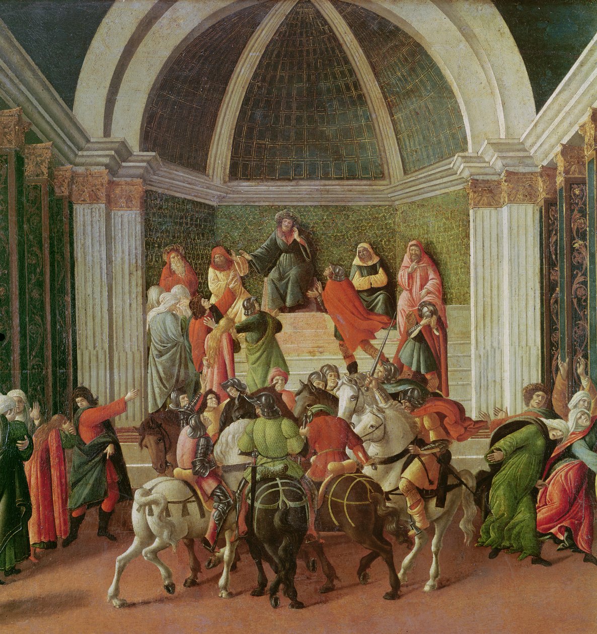 A história da Virgínia detalhe do centro: Virginia é julgado e condenado à escravidão, 1500-04 tempera no painel de Sandro Botticelli