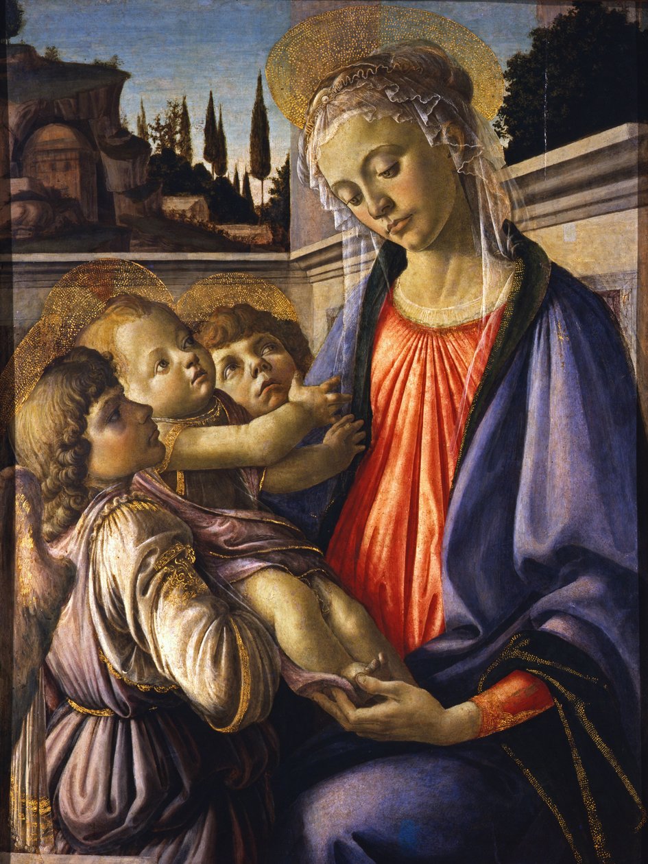 A Virgem e o Menino com dois anjos, ca 1470. de Sandro Botticelli