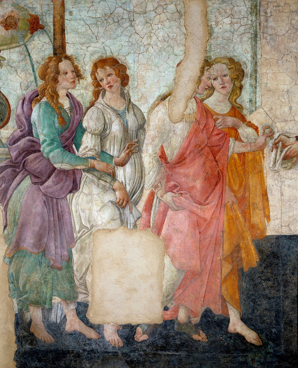 Vênus e as Graças oferecendo presentes a uma jovem garota Detalhe que representa as Graças. Afresco da Villa Lemmi. Pintura de Sandro Botticelli de Sandro Botticelli