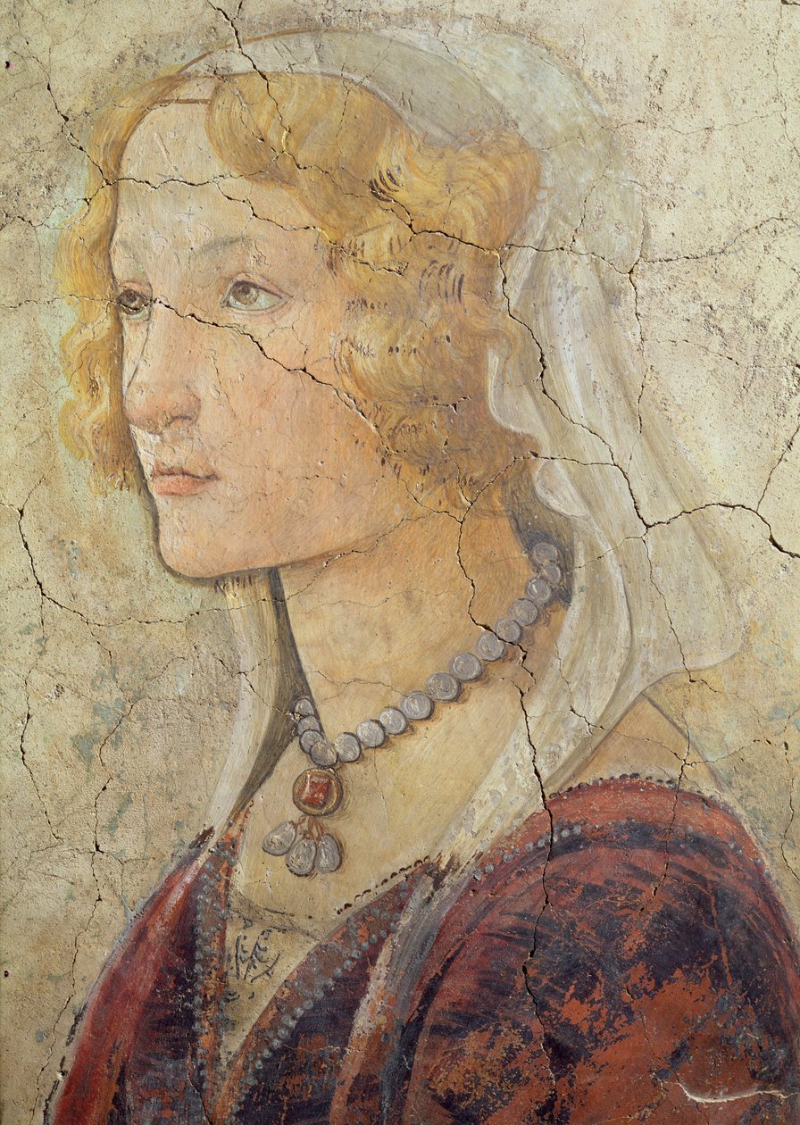 Venus e as três graças que oferecem presentes a uma menina, detalhe da cabeça das meninas, detalhe de 1486 afresco de 33760 veja igualmente 93892-93894 de Sandro Botticelli