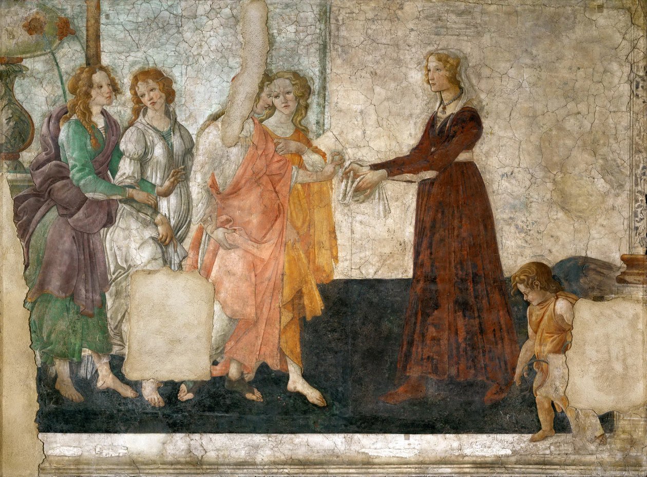 Vênus e as três graças oferecendo presentes a uma jovem garota, 1484-1486 de Sandro Botticelli