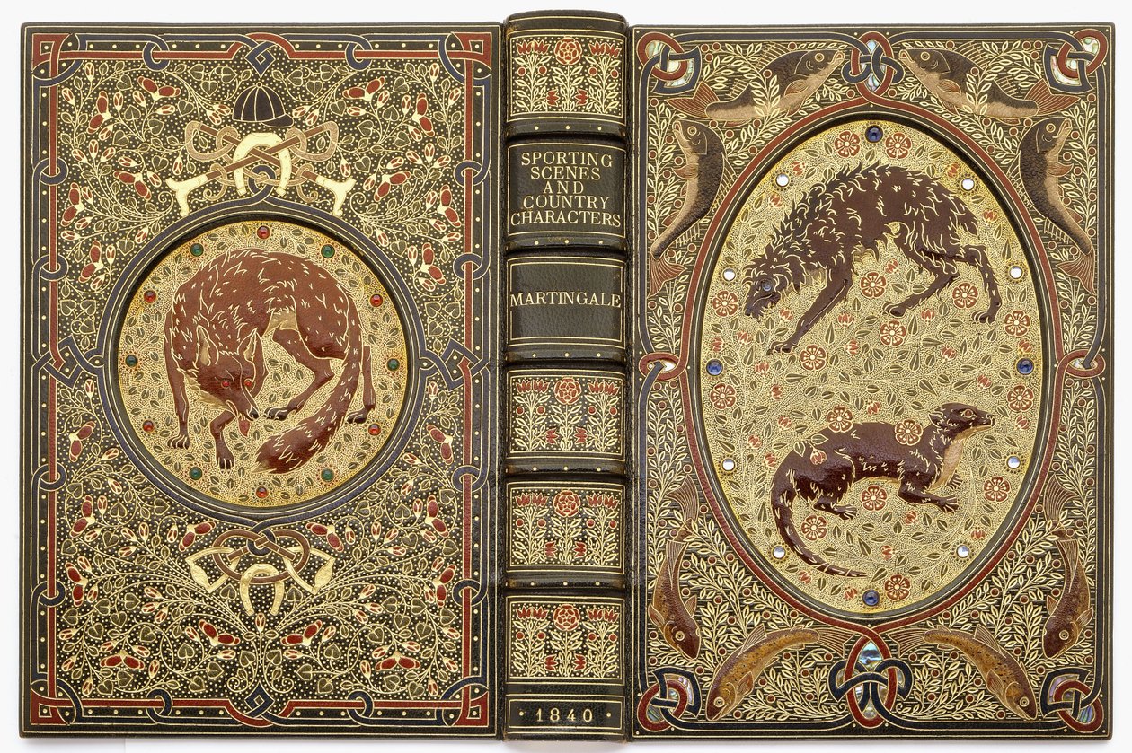 Encadernação ornamental com joias e pedras retratando vários animais de Sangorski and Sutcliffe