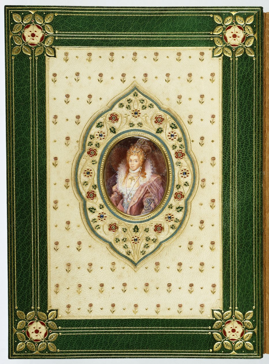 Um retrato oval da Rainha Elizabeth I (couro de marrocos de levant verde, seda creme aguada, safiras, pai) de Sangorski and Sutcliffe