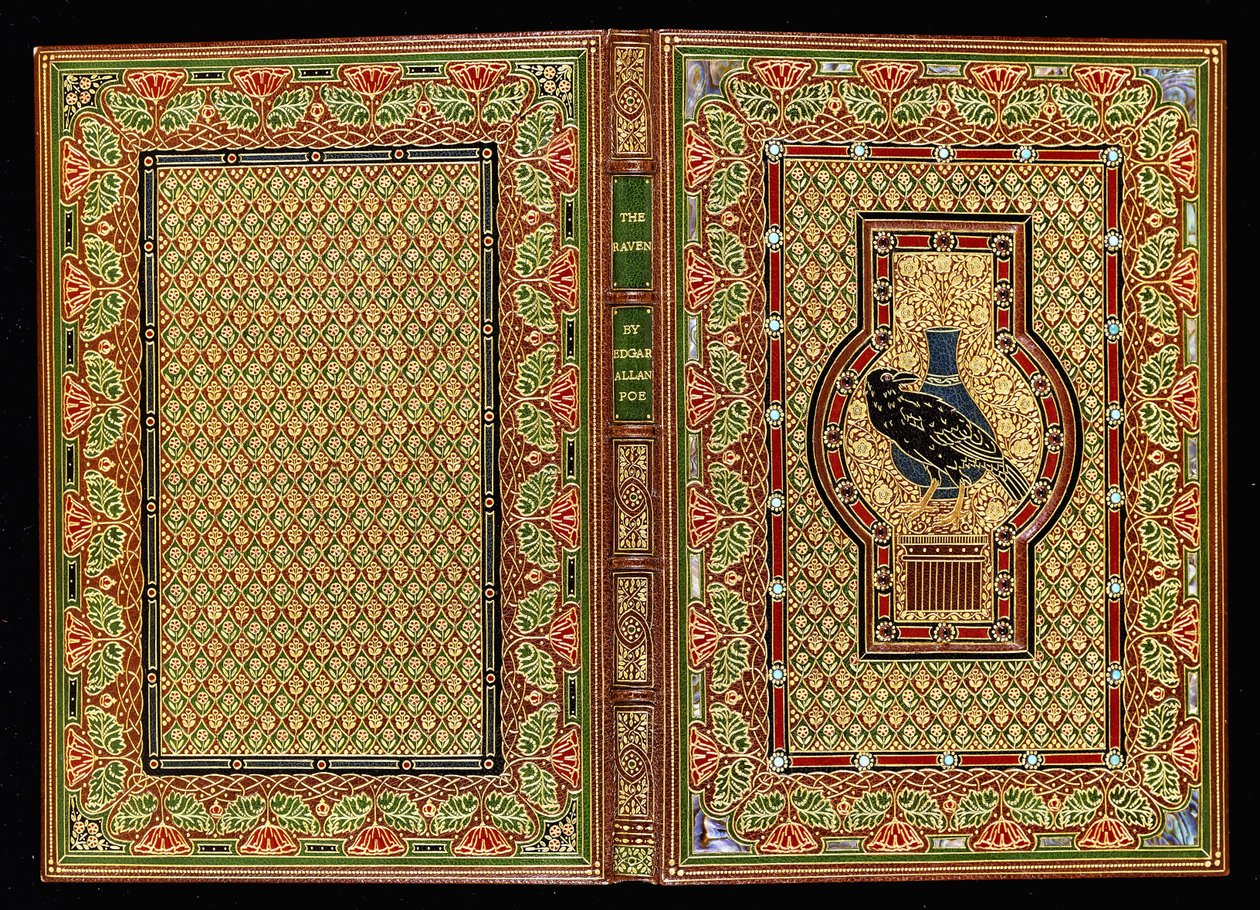 Encadernação para o livro &39;The Raven&39;, de Edgar Allan Poe (couro marroquino castanheiro levant, couro marroquino verde, vermelho e preto, dourado, madrepérola, turquesas) de Sangorski and Sutcliffe