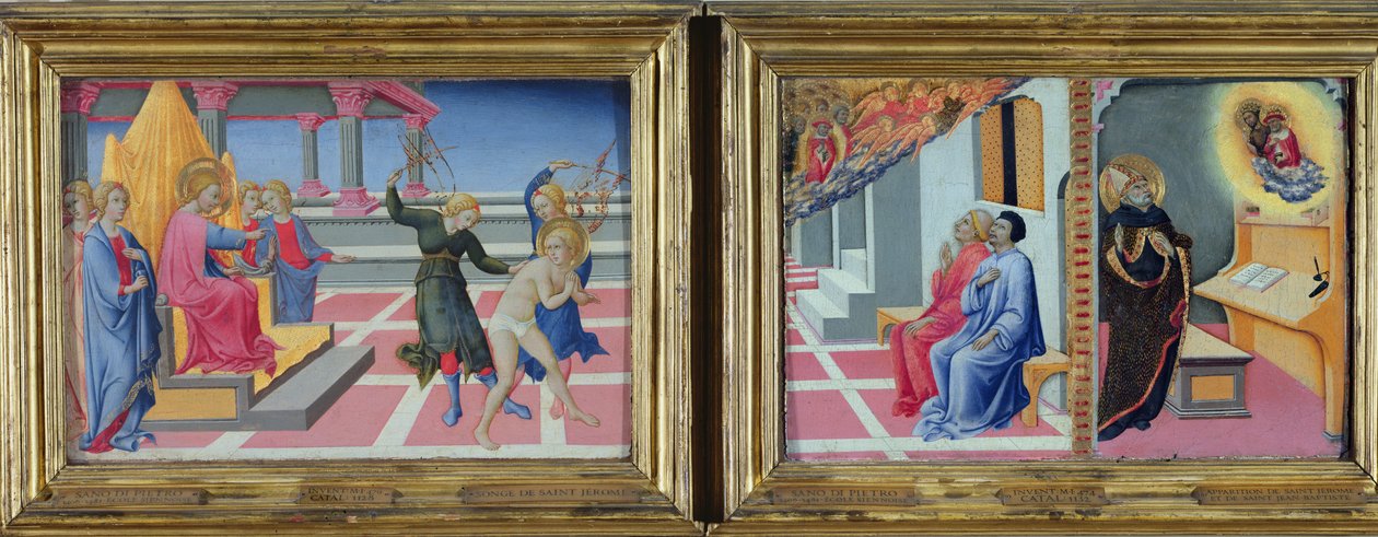 O sonho de São Jerônimo e a aparição de São Jerônimo a Sulpício Severo e Santo Agostinho, 1444 de Sano di Pietro