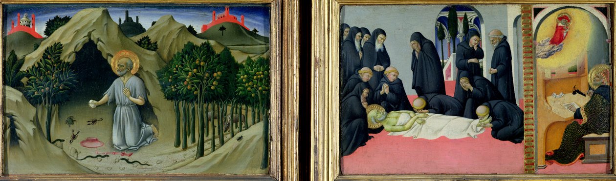 A penitência de São Jerônimo e a morte e aparição de São Jerônimo a São Cirilo de Jerusalém, 1444 de Sano di Pietro
