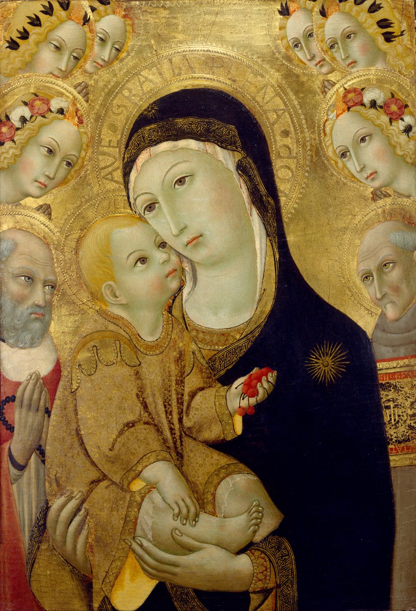Virgem e Menino com os Santos Jerônimo e Bernardino de Siena e os Seis Anjos, de 1460 (têmpera e folha de ouro na madeira) de Sano di Pietro