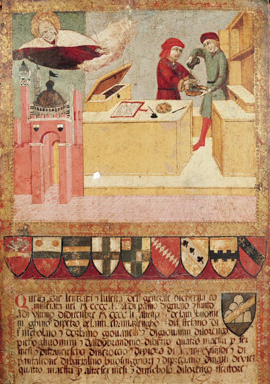 Biccherna mostrando o Camerlengo lavando as mãos e a Virgem protegendo Siena, 1451 de Sano di Pietro