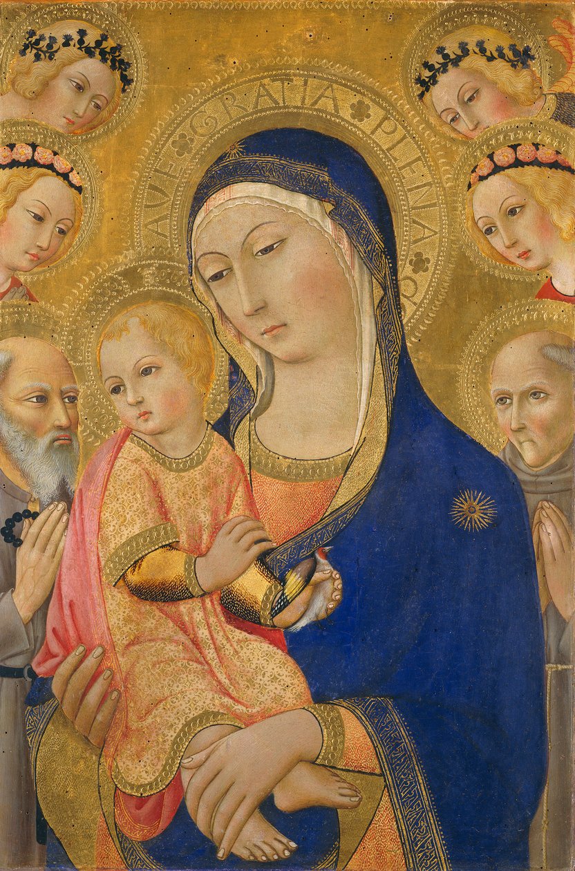Madonna e criança com São Jerônimo, São Bernardino e anjos, c.1460-70 (tempera no painel) de Sano di Pietro