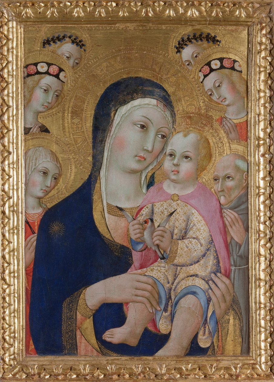 Madonna com criança, Santos Apolônia e Bernardino e quatro anjos, ca 1460 de Sano di Pietro