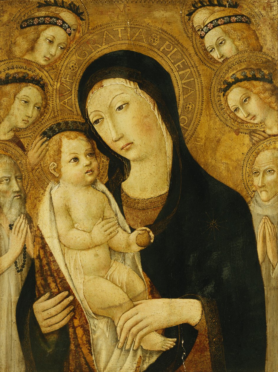 A Madona e o Menino, com os santos Anthony Abbott e Bernadino de Siena, cercados por anjos, de Sano di Pietro
