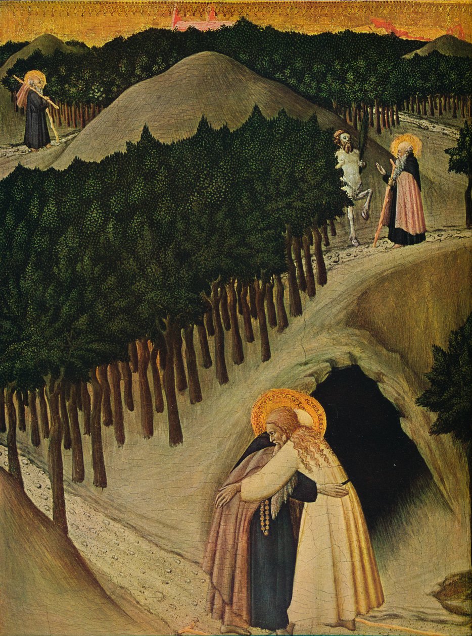 A Reunião de Santo Antônio e São Paulo, c1430-1435 de Sano di Pietro